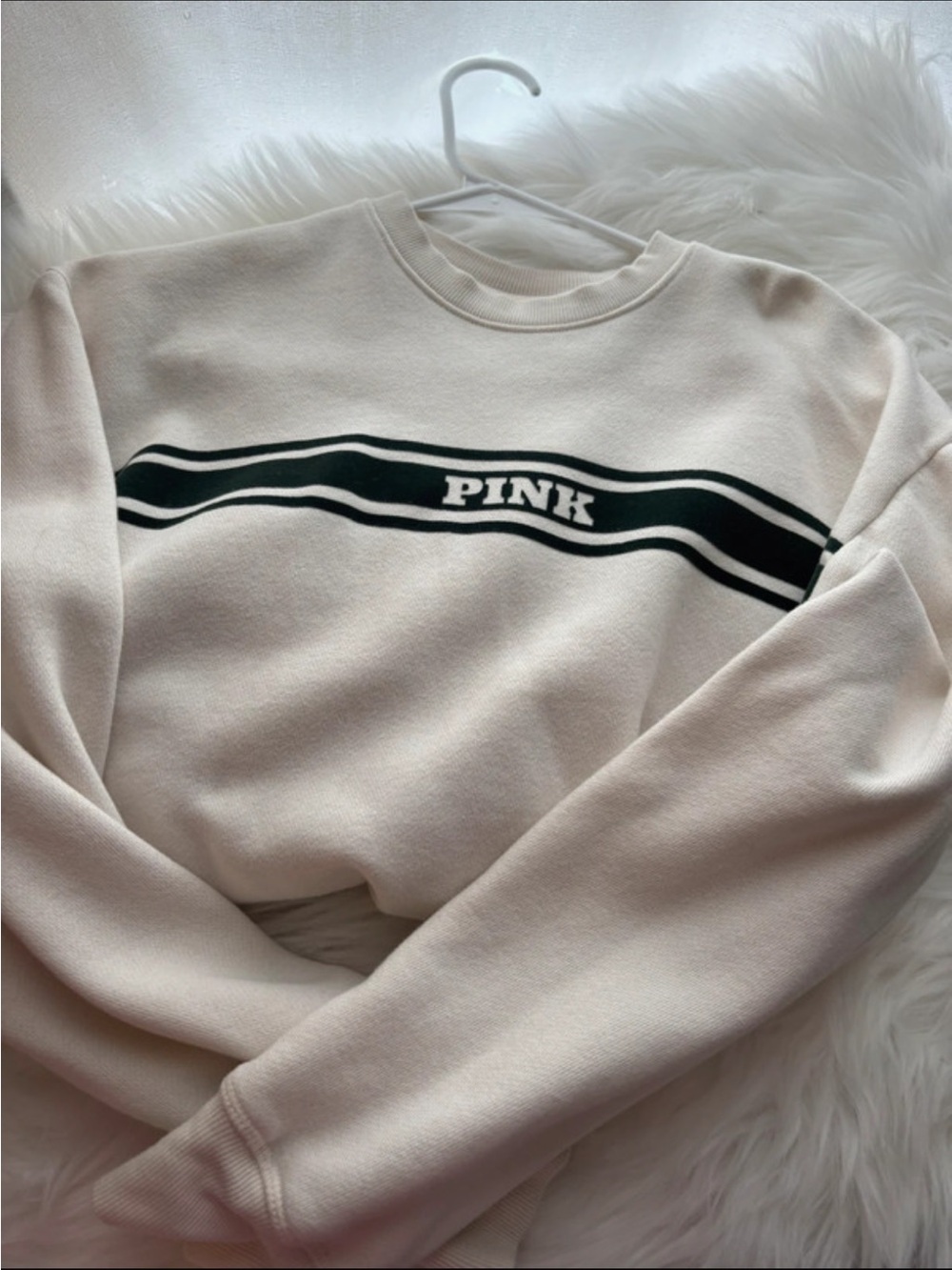 PINK Crewneck Sweatshirt - Cream with Dark Green Stripe